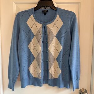 Talbots Light Blue and Cream Argyle Wool Cardigan, Size S